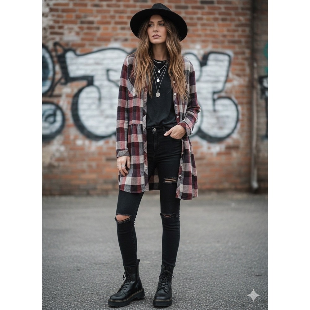 Everly Plaid Tunic Shirt‎ M Medium Babydoll Flannel Button Up Long Sleeve Grunge